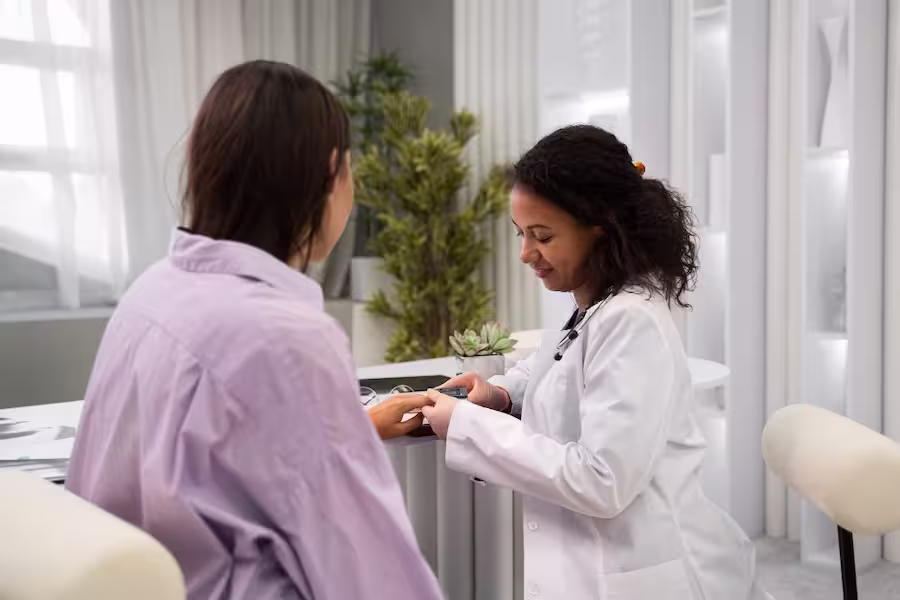 Initial health exam for clinical trials.